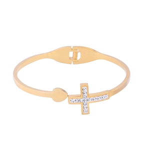 Double-layered gold stainless steel cross bracelet with sparkling inlaid diamonds for women