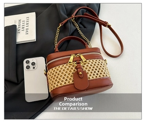 Handmade bamboo weave handbag with leather trim and gold chain strap shown with a phone