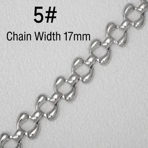 Close-up of 17mm wide silver stainless steel chain link with unique teardrop design