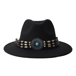 Classic black wool felt fedora with bohemian beaded band and turquoise metal ornament