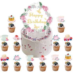 Floral tea party cake topper set with Happy Birthday banner and cupcake picks