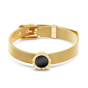 Goldenes Edelstahl-Mesh-Armband mit römischen Ziffern und schwarzer Emaille-Scheibe
