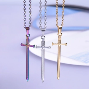 Three-color fencing sword pendants on O-chains in gold, silver, and rainbow stainless steel
