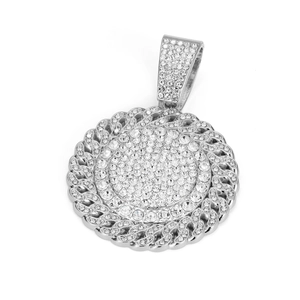 Hip hop silver tone round medallion pendant with iced out rhinestones and rope edge design