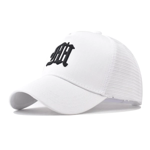 Detail of white trucker hat with black gothic AH 3D embroidery and breathable mesh back