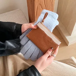 Slim Card Holder Wallet PU Leather Pebbled Texture Color Block Zipper Closure Keychain ID Window Daily Fashion Women
