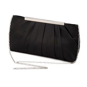 Detailed view of black pleated satin evening clutch with silver chain strap and metal clasp