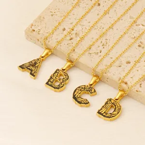 Initial Letter Pendant Necklace Stainless Steel Gold Plated Black Enamel Texture Vintage Retro Style Jewelry