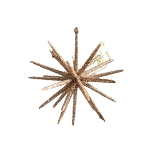 Champagne gold starburst Christmas tree ornament with glitter coating on white background