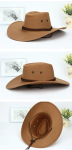 Detail view of brown western cowboy hat showing woven trim and metal air vents