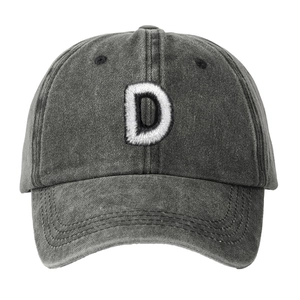 Adjustable dark gray washed cotton baseball cap with embroidered letter D for sun protection