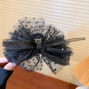 Gros plan du nœud papillon en maille à pois noirs avec strass et détails de plumes