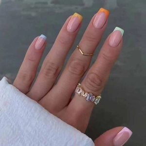 French Tip Press On Nails ABS Plastic Colorful Macaron Square Medium False Nails For Women Daily Manicure Elegant Style