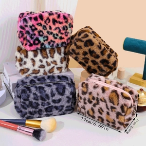 Detail showing plush leopard print makeup bag dimensions 17x8x10cm in various color styles
