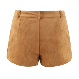 Detail of camel faux suede shorts showing back view with belt loops and soft texture