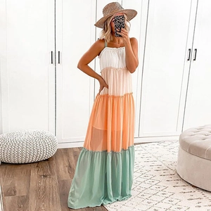 Robe Longue Mousseline Patchwork Color Block Étagée Fines Bretelles Dos Nu Été Plage Bohème Élégante Pour Femmes
