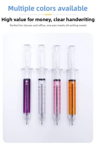 Detail of four colorful syringe-shaped pens with transparent barrels and scale marks