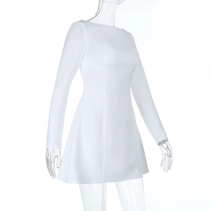 Detail shot of the backless white A-line mini dress with smooth polyester fabric texture