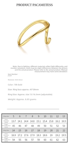 Size chart for irregular 925 sterling silver rings with diameter and circumference details