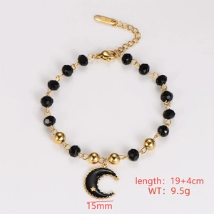 Detail of stainless steel moon bracelet with black beads and 15mm crescent pendant