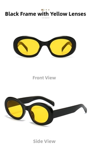 Detail of retro oval sunglasses featuring thick black frames and yellow tinted lenses