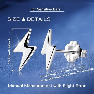 Detailed view of silver lightning bolt stud earrings with dimensions and polished finish