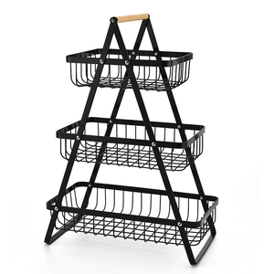 Modern 3-tier black metal fruit basket with wooden handle and industrial A-frame stand
