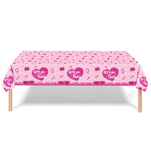Pink rectangular tablecloth for beauty-themed birthday parties featuring lipstick and car designs