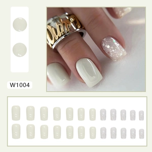 Short square creamy white press-on nails with colorful glitter sequins and 24-piece set