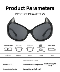 Detailed size specifications of black devil-style sunglasses with PC frame and AC lens