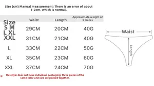 Size chart for lace mesh thongs showing waist and length measurements in cm for S to XXL