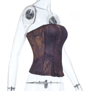 Side view of corseted top featuring abstract purple patterns and structural boning details