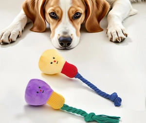 Detail of durable cotton rope and plush dog toy set with reinforced nodes for teething