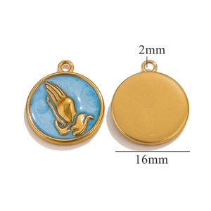 Detailed view of 16mm gold prayer hands pendant with blue enamel and 2mm hole diameter