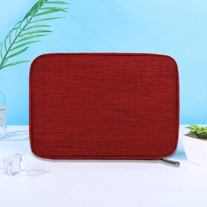 Detail of red fabric storage bag for smart watch bands featuring a zip-around closure