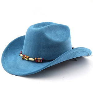 Blue faux suede western cowboy hat with ethnic bead band and curved brim for outdoor style