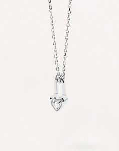 Close-up of S925 sterling silver heart lock pendant necklace with a sparkling center stone
