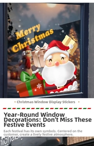 Detailed view of Christmas window stickers featuring Santa, snowflakes and Merry Christmas text