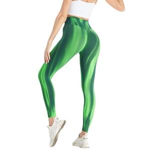 High-waist seamless yoga leggings with green gradient pattern and scrunch butt lifting effect