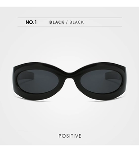 Front view of black polarized cat-eye sports sunglasses with a glossy frame finish