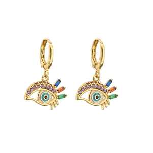 Detail of 18K gold plated evil eye earrings with colorful zircon stones and enamel