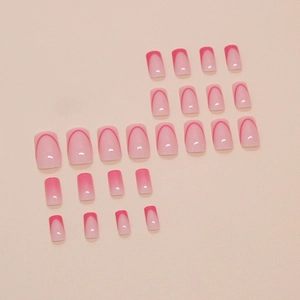 Pink gradient square fake nails with classic French tips and red line accents, 24 piece set