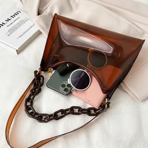 Brown transparent PVC shoulder bag showing large capacity for phone and cosmetics