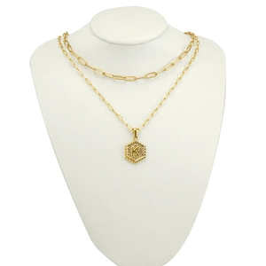 18K gold double layer necklace with paperclip chain and hexagon letter K pendant