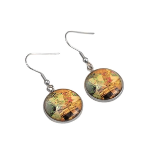 Klimt art style painting glass gem hook earrings in minimalist silver metal finish