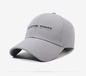 Side view of grey baseball cap featuring navy MARASON SPORT embroidery on twill fabric