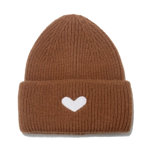 Deep brown knitted beanie for women featuring a white heart embroidery on a cuffed design