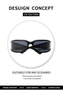 Close-up of black Y2K wraparound sunglasses showing UV protection and sleek resin frame