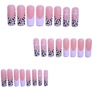 24pcs long square press-on nails with leopard French tips and white bow designs