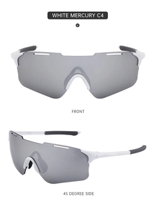 Front and 45-degree side views of white cycling sunglasses with mercury grey lenses